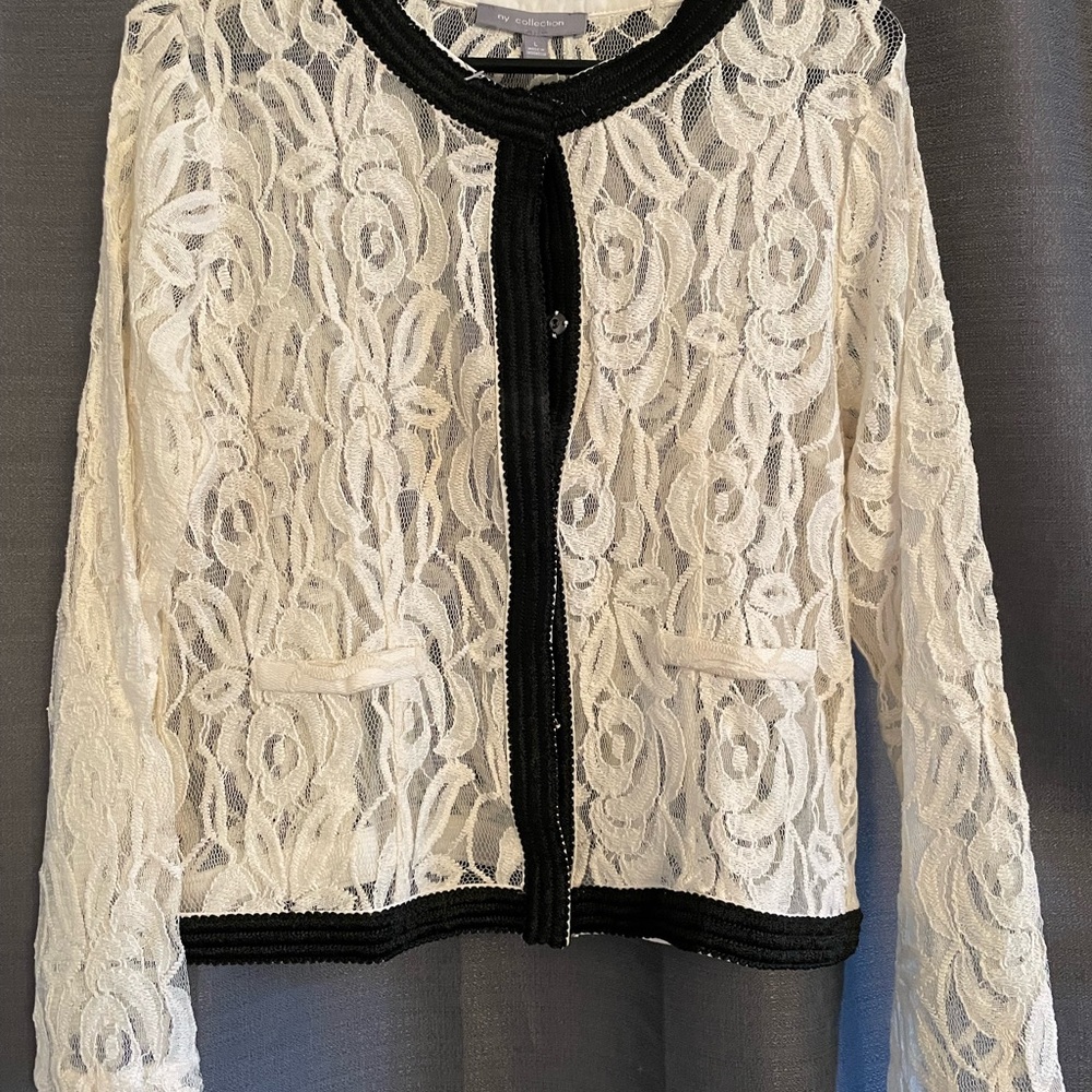 NY Collection White Lace Button Down Shirt